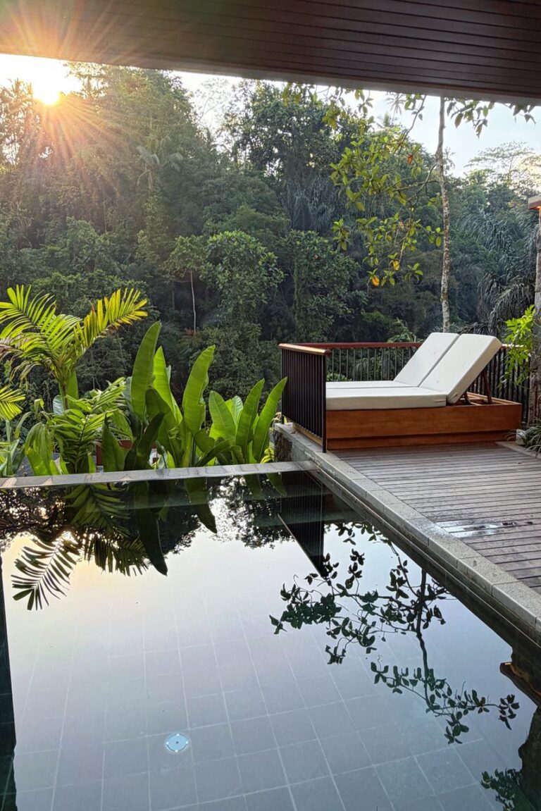 Private infinity pool overlooking the Ubud jungle at sunrise, Adiwana Alas Harum